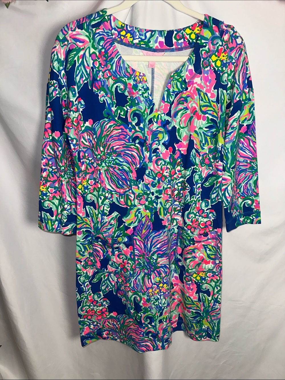 Lilly Pulitzer Navy Shift Dress with Pink & Green Floral Print